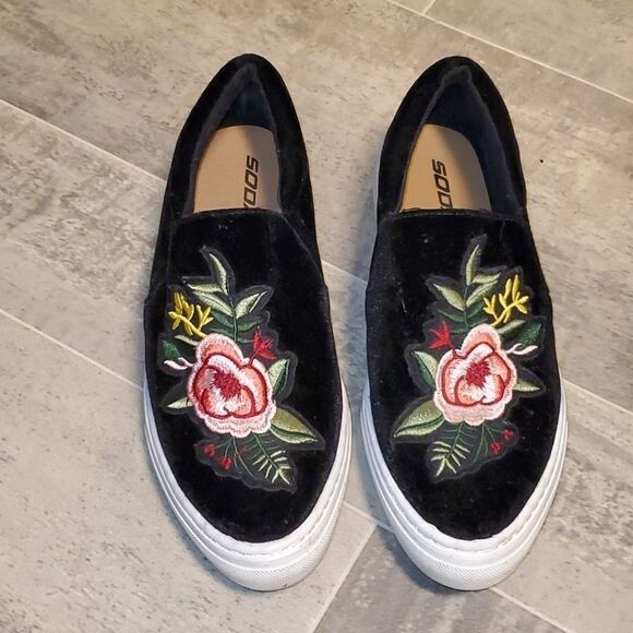 Black Velvet Embroidered Slip On Loafers - Picture 1 of 5